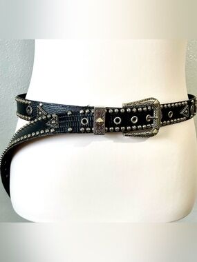 Black Leather Studded Concho Belt Textured Biker Rock M L Unisex Streetwear Punk